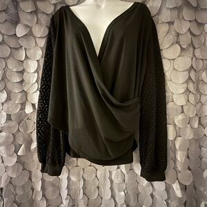 Draped Black V-Neck Blouse with Textured Balloon Sleeves